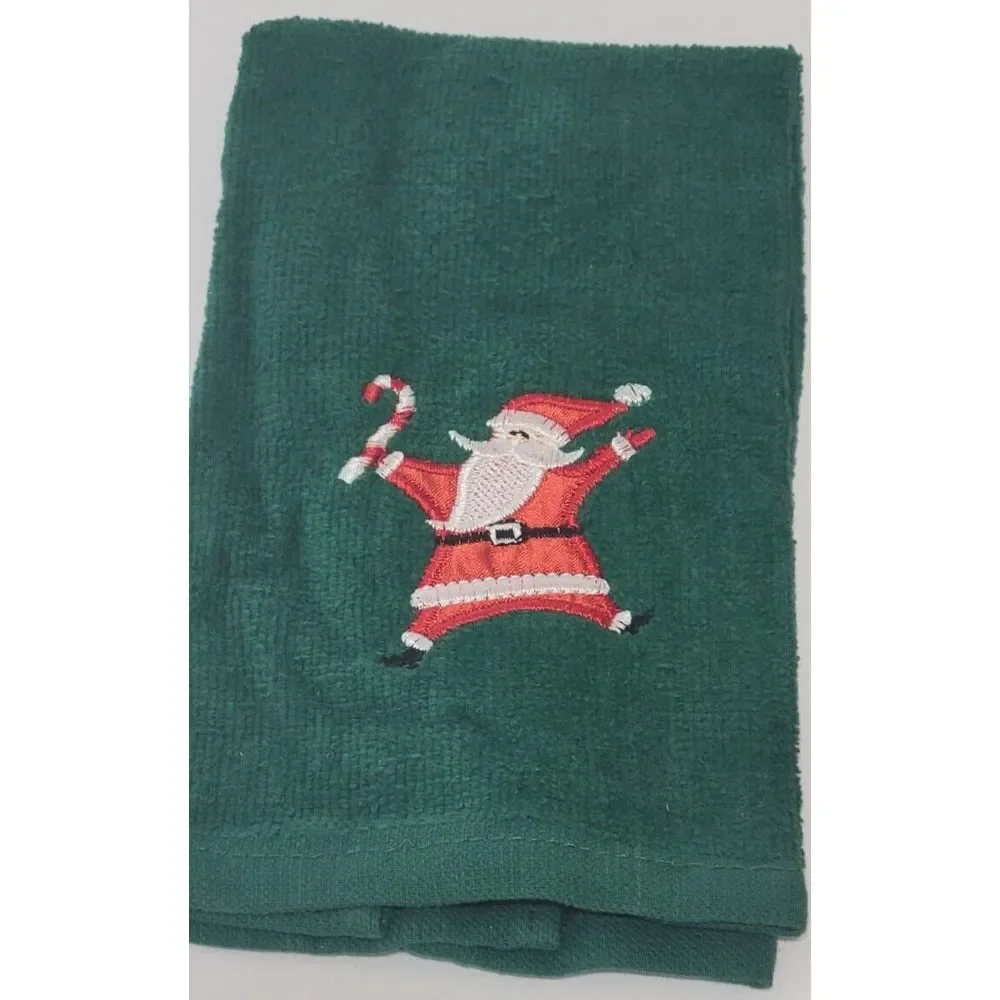Vintage Christmas Hand Towels Red Jingle Bells Green Santa Set of 2